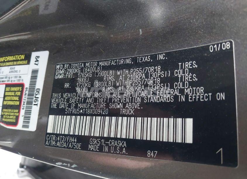 Photo 9 of 2008 Toyota Tundra BASE V6 (VIN 5TFRU54118X009420)