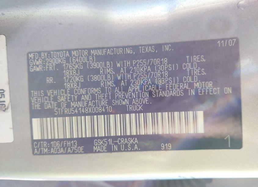 Photo 9 of 2008 Toyota Tundra BASE V6 (VIN 5TFRU54148X008410)