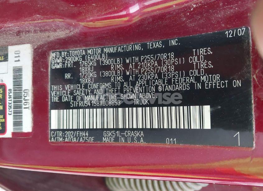 Photo 9 of 2008 Toyota Tundra BASE V6 (VIN 5TFRU54158X008853)