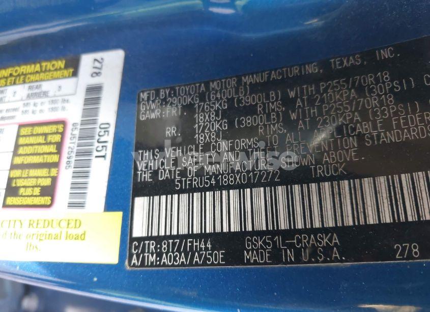 Photo 9 of 2008 Toyota Tundra BASE V6 (VIN 5TFRU54188X017272)