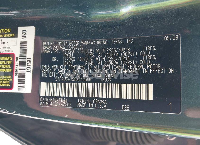 Photo 9 of 2008 Toyota Tundra BASE V6 (VIN 5TFRU54198X013666)