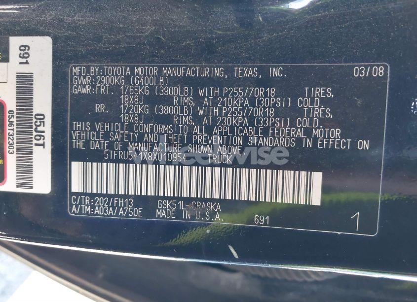 Photo 9 of 2008 Toyota Tundra BASE V6 (VIN 5TFRU541X8X010954)