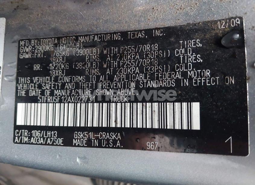 Photo 9 of 2010 Toyota Tundra GRADE V6 (VIN 5TFRU5F12AX022731)