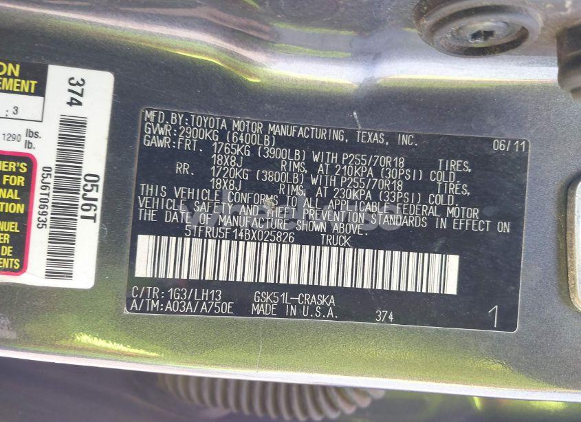 Photo 9 of 2011 Toyota Tundra GRADE V6 (VIN 5TFRU5F14BX025826)