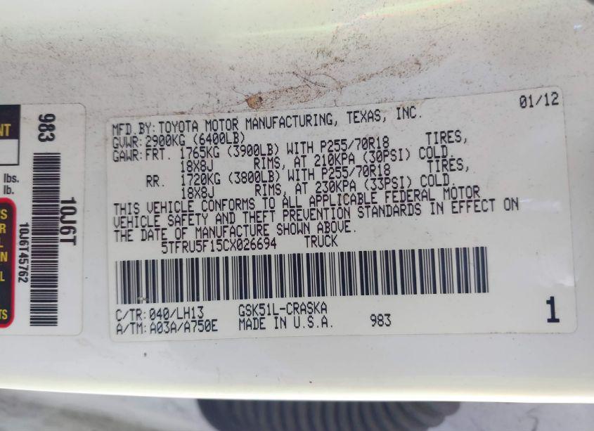 Photo 9 of 2012 Toyota Tundra GRADE V6 (VIN 5TFRU5F15CX026694)