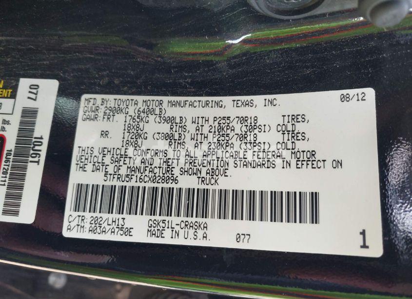 Photo 9 of 2012 Toyota Tundra GRADE V6 (VIN 5TFRU5F16CX028096)