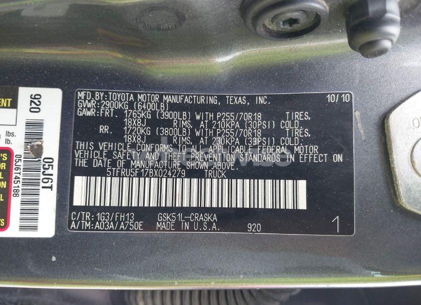 Photo 9 of 2011 Toyota Tundra GRADE V6 (VIN 5TFRU5F17BX024279)