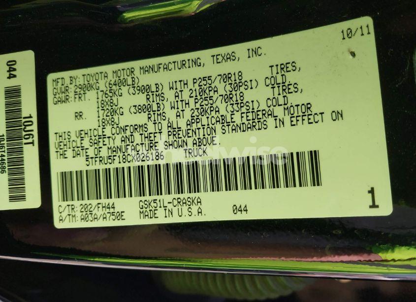 Photo 9 of 2012 Toyota Tundra GRADE V6 (VIN 5TFRU5F18CX026186)