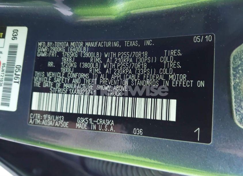 Photo 9 of 2010 Toyota Tundra GRADE V6 (VIN 5TFRU5F1XAX023741)