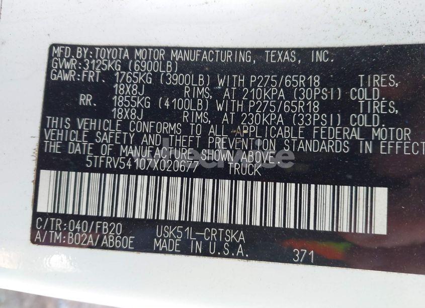 Photo 9 of 2007 Toyota Tundra SR5 V8 (VIN 5TFRV54107X020677)