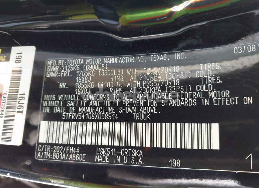 Photo 9 of 2008 Toyota Tundra BASE 5.7L V8 (VIN 5TFRV54108X058914)