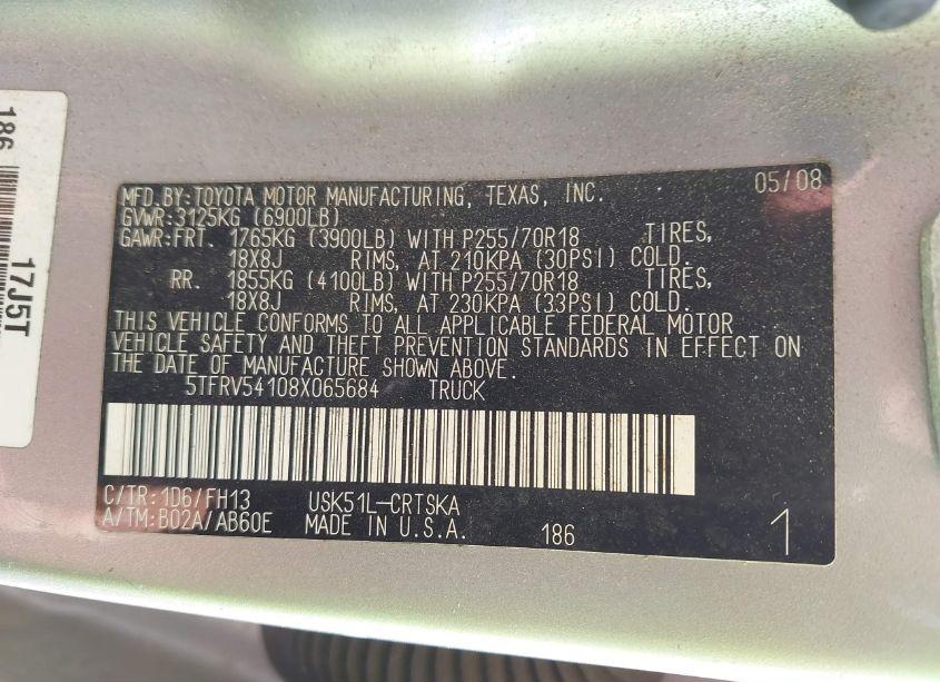 Photo 9 of 2008 Toyota Tundra SR5 5.7L V8 (VIN 5TFRV54108X065684)