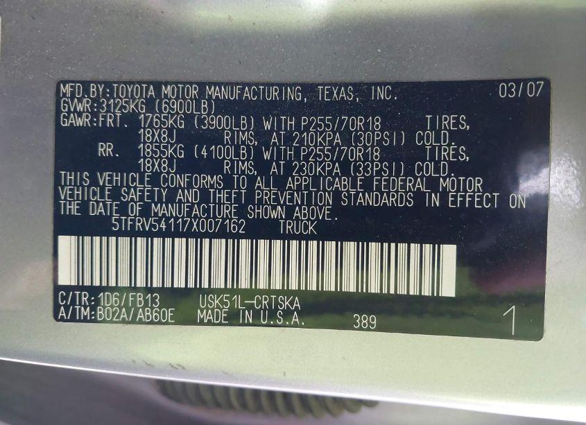 Photo 9 of 2007 Toyota Tundra SR5 V8 (VIN 5TFRV54117X007162)