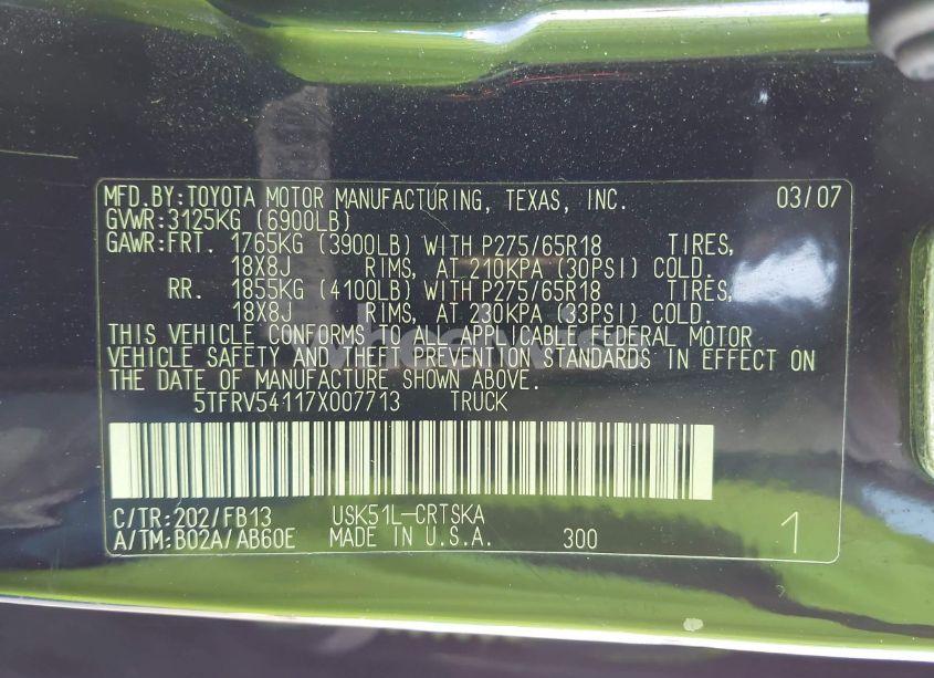 Photo 9 of 2007 Toyota Tundra SR5 V8 (VIN 5TFRV54117X007713)