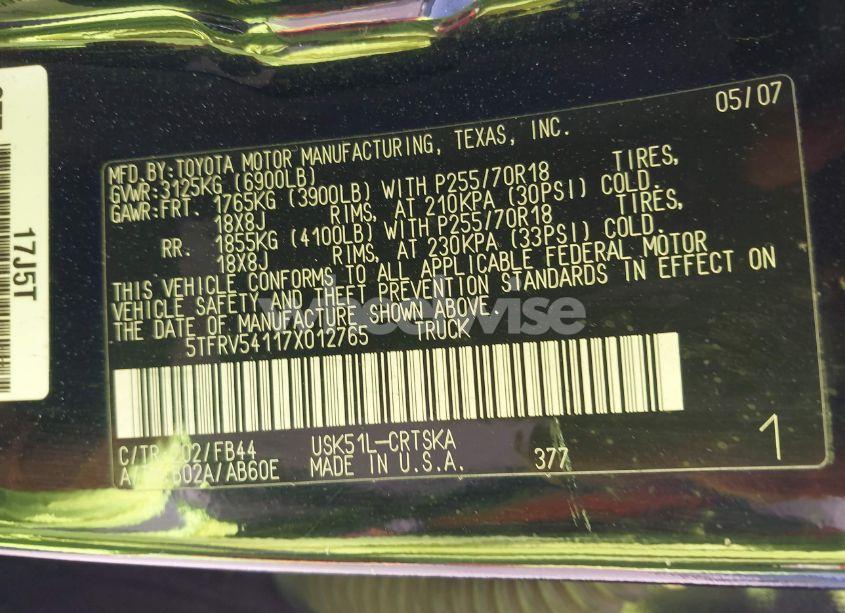 Photo 9 of 2007 Toyota Tundra SR5 V8 (VIN 5TFRV54117X012765)