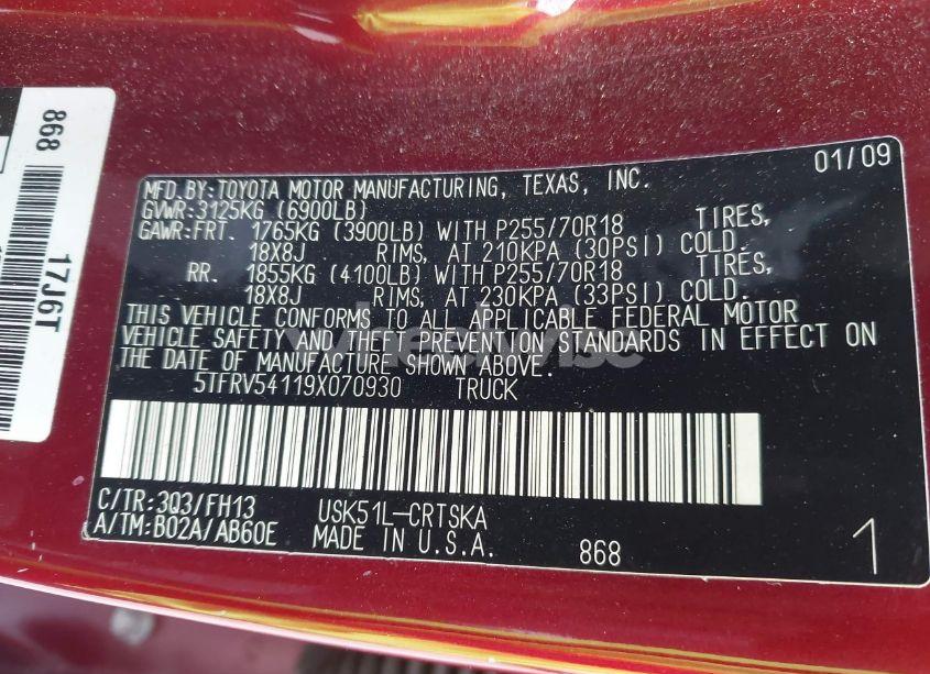 Photo 9 of 2009 Toyota Tundra GRADE 5.7L V8 (VIN 5TFRV54119X070930)