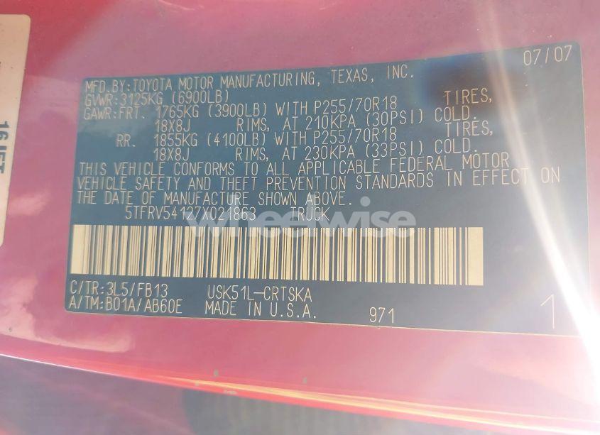 Photo 9 of 2007 Toyota Tundra SR5 V8 (VIN 5TFRV54127X021863)