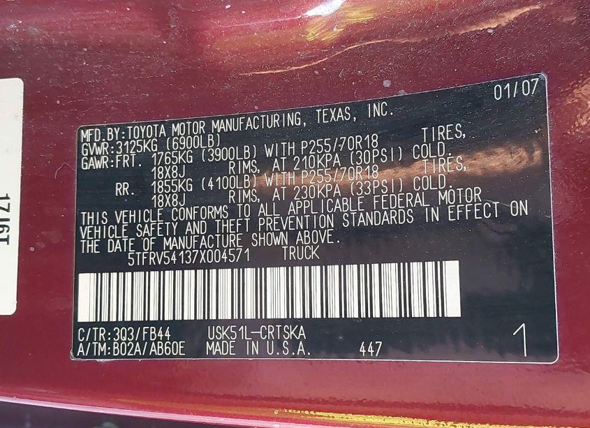 Photo 9 of 2007 Toyota Tundra SR5 V8 (VIN 5TFRV54137X004571)