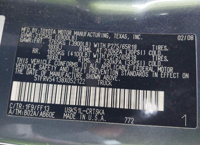 Photo 9 of 2008 Toyota Tundra SR5 5.7L V8 (VIN 5TFRV54138X052122)