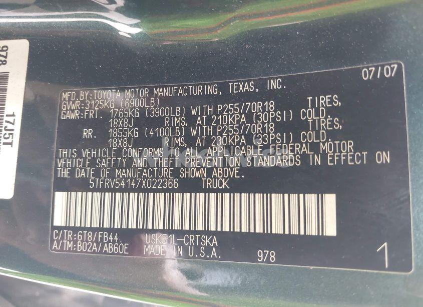 Photo 9 of 2007 Toyota Tundra SR5 V8 (VIN 5TFRV54147X022366)