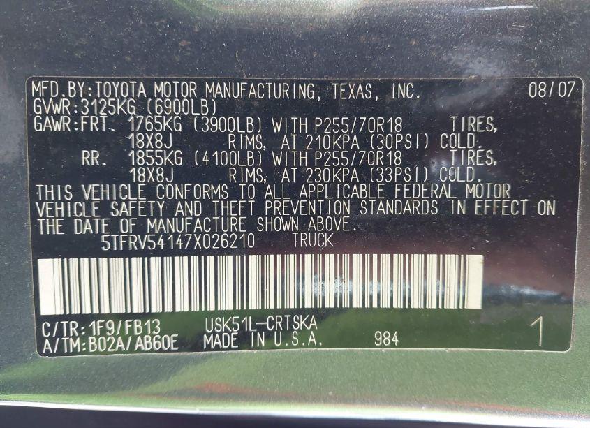 Photo 9 of 2007 Toyota Tundra SR5 V8 (VIN 5TFRV54147X026210)