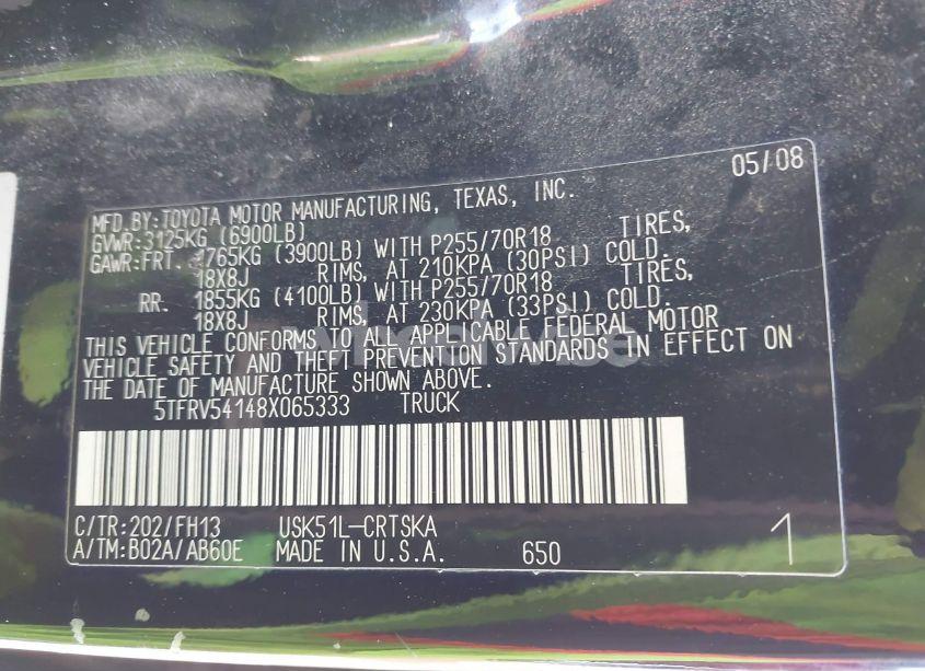 Photo 9 of 2008 Toyota Tundra BASE 5.7L V8 (VIN 5TFRV54148X065333)