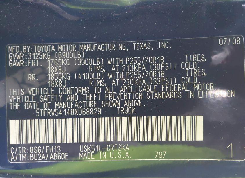 Photo 9 of 2008 Toyota Tundra BASE 5.7L V8 (VIN 5TFRV54148X068829)