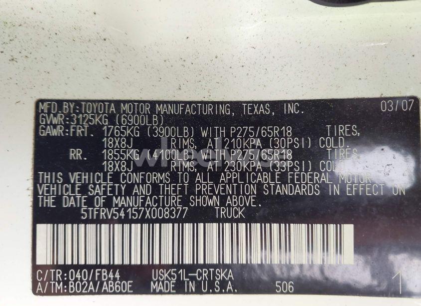 Photo 9 of 2007 Toyota Tundra SR5 V8 (VIN 5TFRV54157X008377)