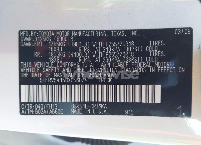 Photo 9 of 2008 Toyota Tundra SR5 5.7L V8 (VIN 5TFRV54158X056074)