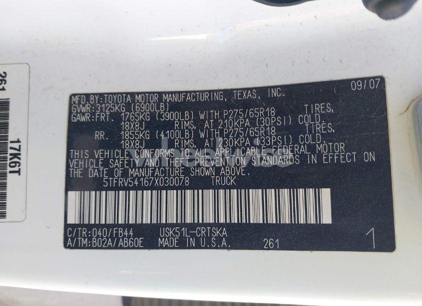 Photo 9 of 2007 Toyota Tundra SR5 V8 (VIN 5TFRV54167X030078)