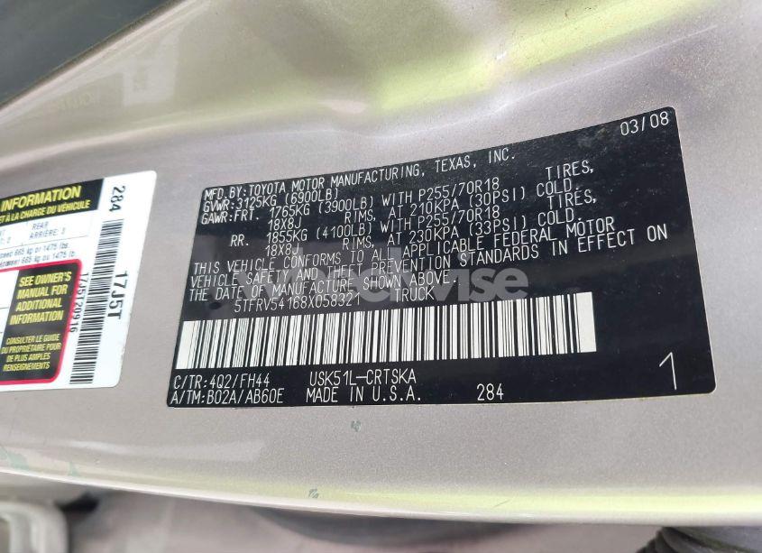 Photo 9 of 2008 Toyota Tundra SR5 5.7L V8 (VIN 5TFRV54168X058321)