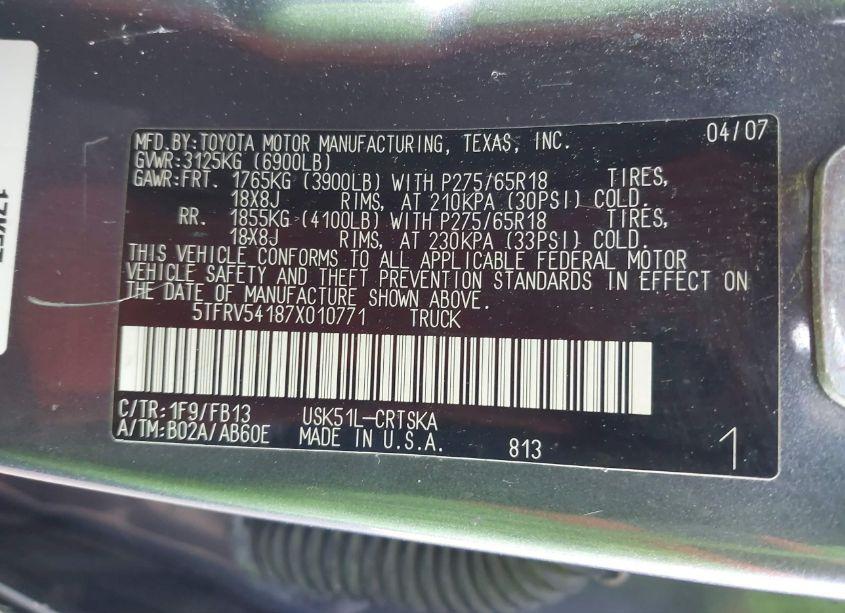 Photo 9 of 2007 Toyota Tundra SR5 V8 (VIN 5TFRV54187X010771)