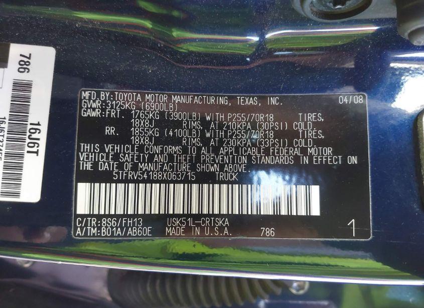 Photo 9 of 2008 Toyota Tundra BASE 5.7L V8 (VIN 5TFRV54188X063715)