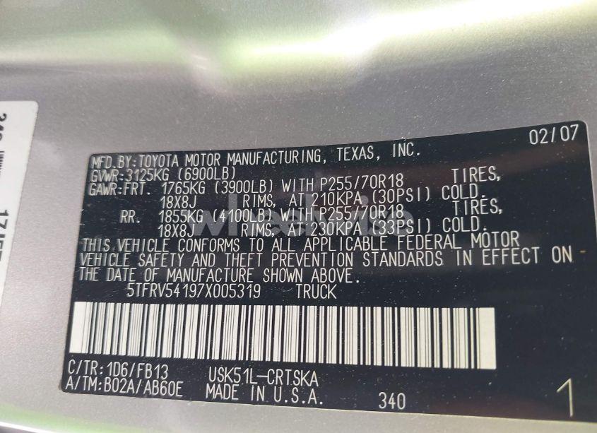 Photo 9 of 2007 Toyota Tundra SR5 V8 (VIN 5TFRV54197X005319)