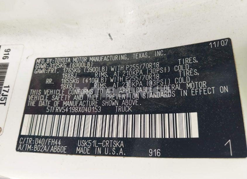 Photo 9 of 2008 Toyota Tundra SR5 5.7L V8 (VIN 5TFRV54198X040153)