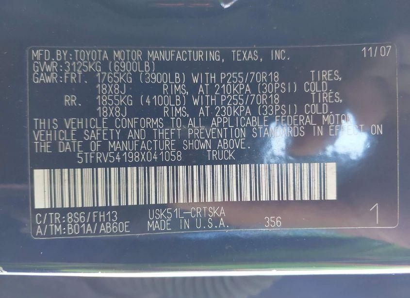 Photo 9 of 2008 Toyota Tundra BASE 5.7L V8 (VIN 5TFRV54198X041058)