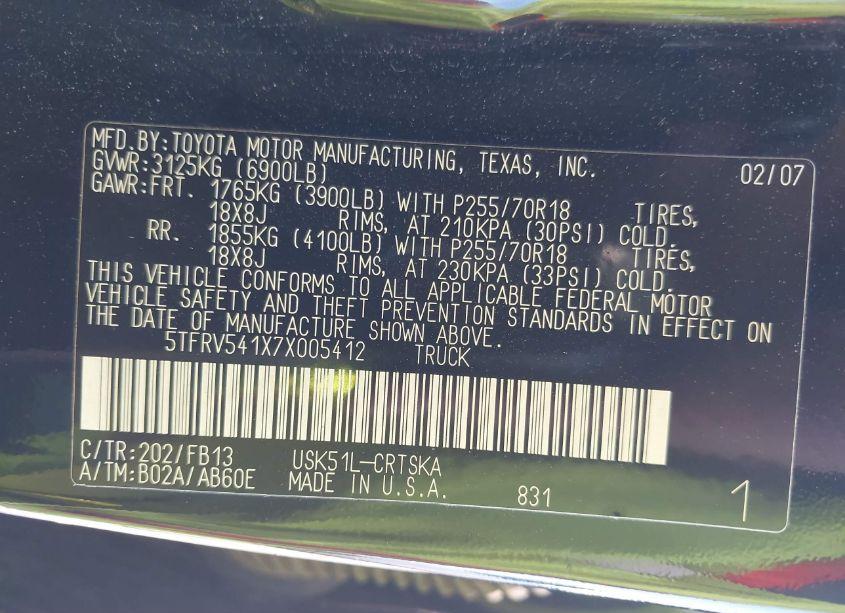 Photo 9 of 2007 Toyota Tundra SR5 V8 (VIN 5TFRV541X7X005412)