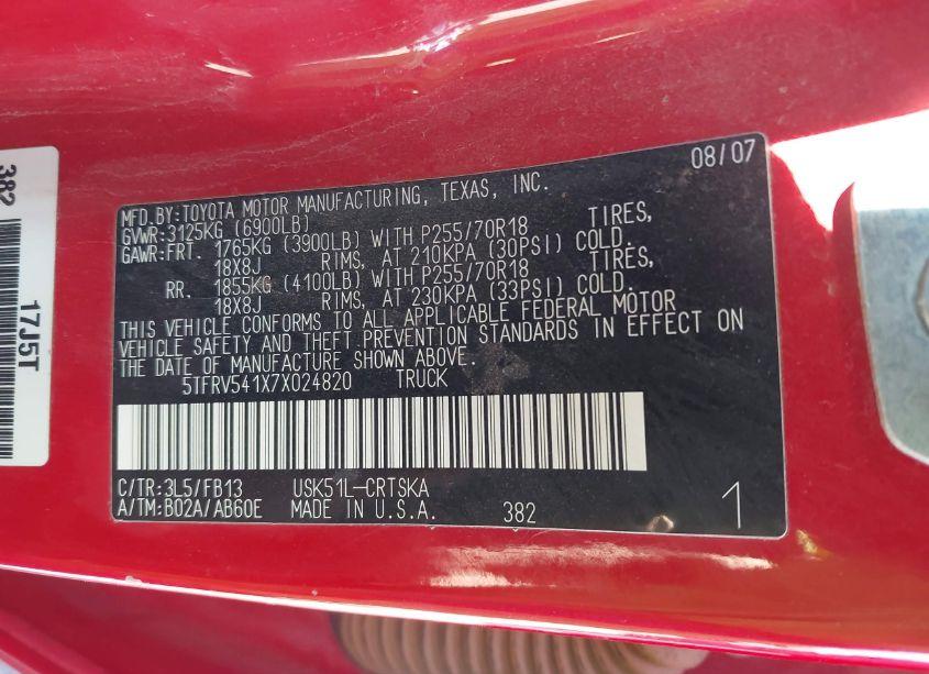 Photo 9 of 2007 Toyota Tundra SR5 V8 (VIN 5TFRV541X7X024820)