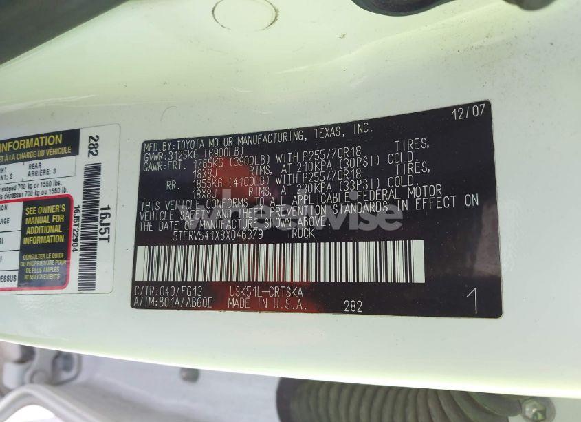 Photo 9 of 2008 Toyota Tundra SR5 5.7L V8 (VIN 5TFRV541X8X046379)