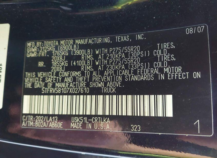 Photo 9 of 2007 Toyota Tundra LIMITED 5.7L V8 (VIN 5TFRV58107X027610)