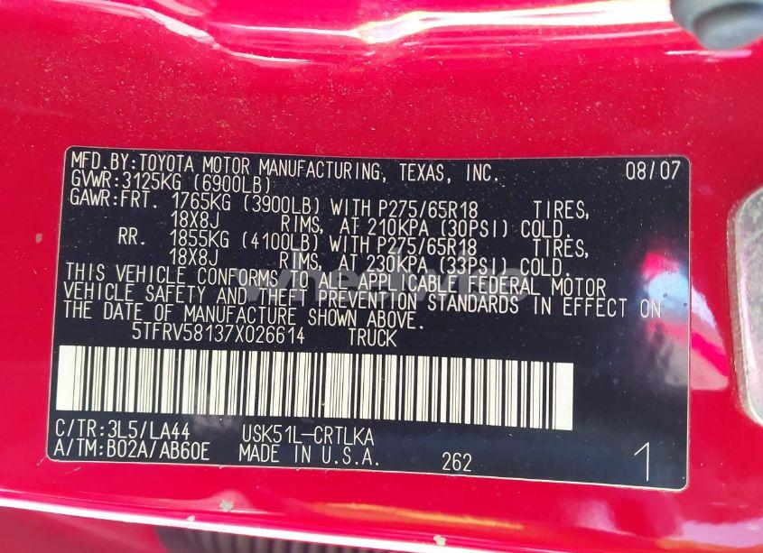 Photo 9 of 2007 Toyota Tundra LIMITED 5.7L V8 (VIN 5TFRV58137X026614)