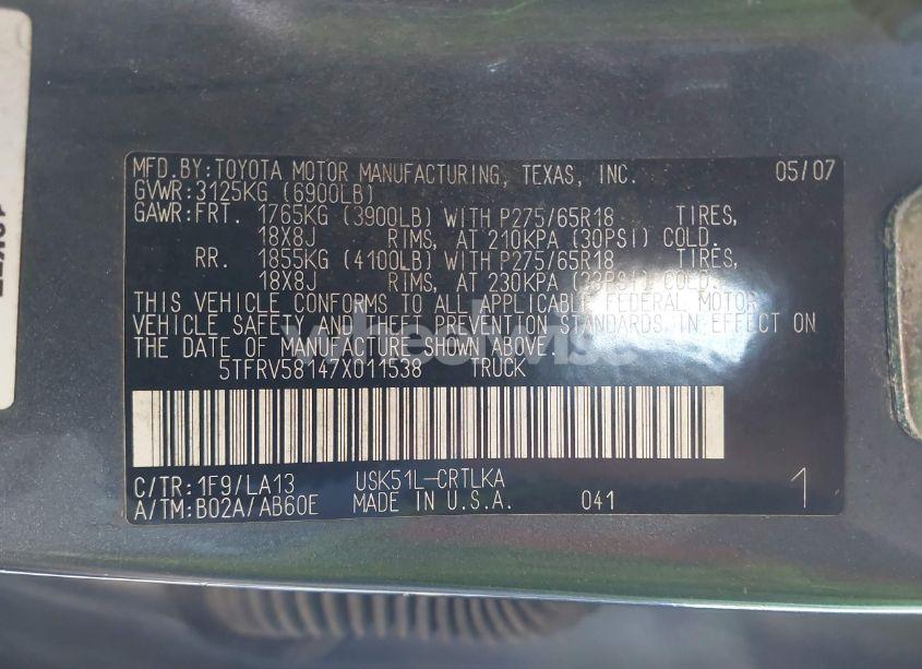 Photo 9 of 2007 Toyota Tundra LIMITED 5.7L V8 (VIN 5TFRV58147X011538)