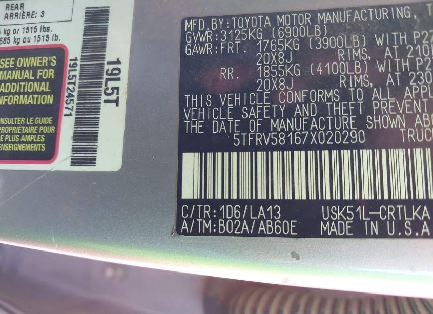 Photo 9 of 2007 Toyota Tundra LIMITED 5.7L V8 (VIN 5TFRV58167X020290)