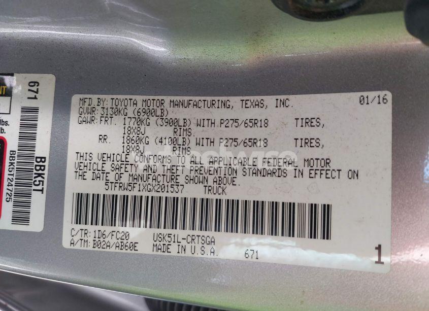 Photo 9 of 2016 Toyota Tundra SR5 5.7L V8 (VIN 5TFRW5F1XGX201537)