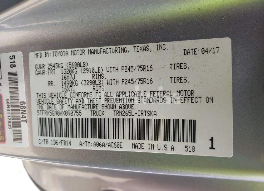 Photo 9 of 2017 Toyota Tacoma SR (VIN 5TFRX5GN0HX090755)