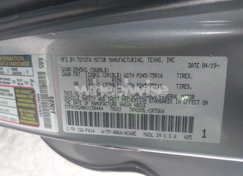 Photo 9 of 2019 Toyota Tacoma SR (VIN 5TFRX5GN0KX150444)