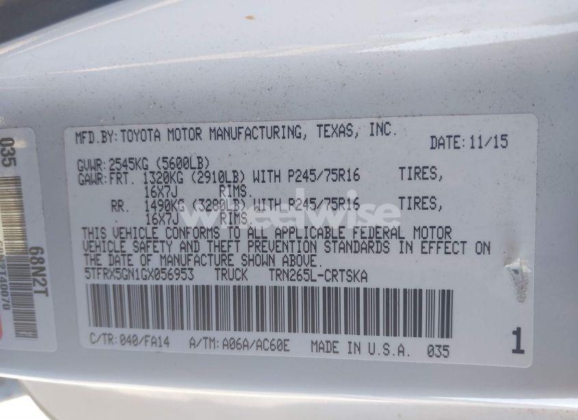 Photo 9 of 2016 Toyota Tacoma SR (VIN 5TFRX5GN1GX056953)