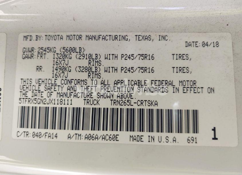 Photo 9 of 2018 Toyota Tacoma SR (VIN 5TFRX5GN2JX118111)