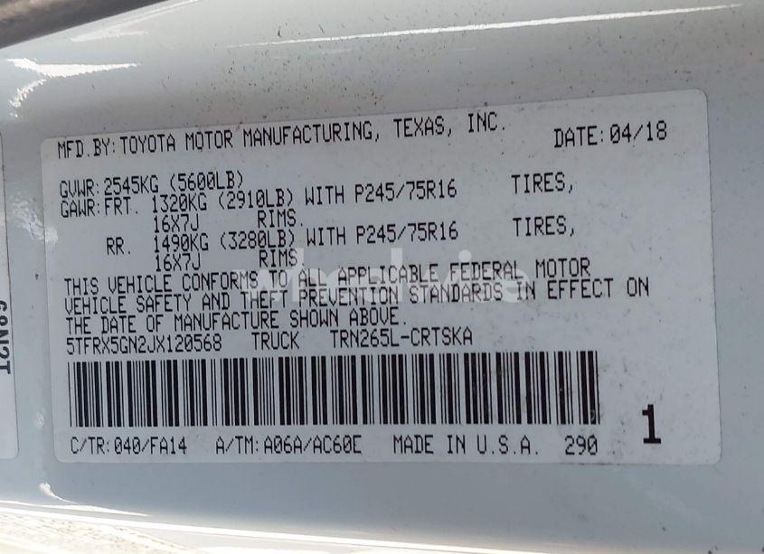 Photo 9 of 2018 Toyota Tacoma SR (VIN 5TFRX5GN2JX120568)