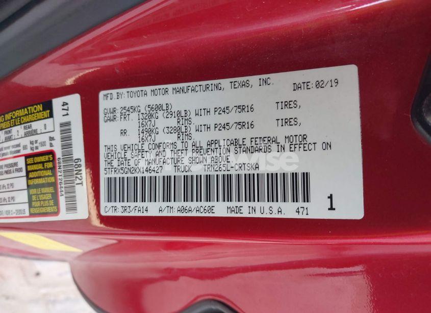 Photo 9 of 2019 Toyota Tacoma SR (VIN 5TFRX5GN2KX146427)